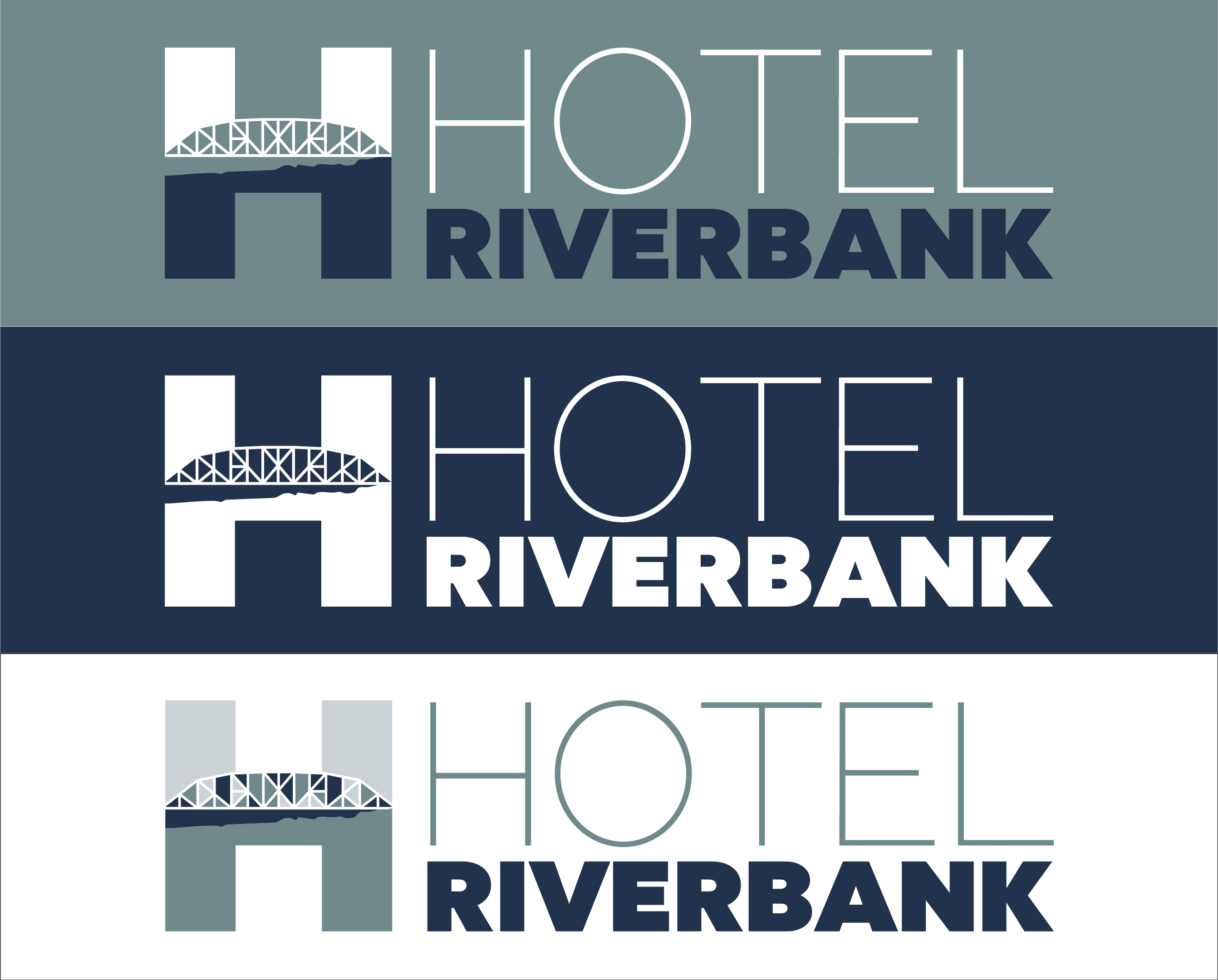 a collage of color variations of the Hotel Riverbank logo